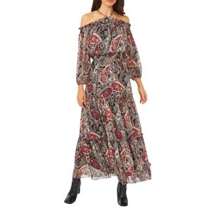 NWT 1 State Paisley Plum Maxi Dress Halter Neck Off Shoulder Long Sleeve S‎